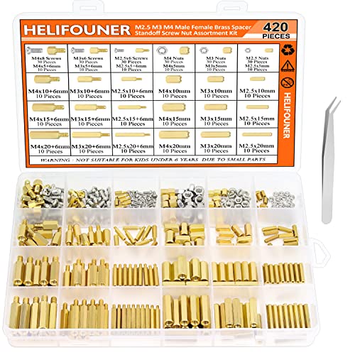 HELIFOUNER 420 Pieces M2.5 M3 M4 Male Female Hex Brass Spacers Standoffs Screws Nuts Assortment Kit with a Tweezers - size: M2.5 M3 M4 Brass Standoff Kit
