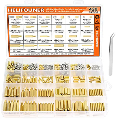 HELIFOUNER 420 Pieces M2.5 M3 M4 Male Female Hex Brass Spacers Standoffs Screws Nuts Assortment Kit with a Tweezers - size: M2.5 M3 M4 Brass Standoff Kit