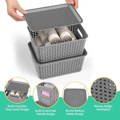 8 Pack Plastic Storage Baskets,Grey Stackable Bins with Lid - color: Grey