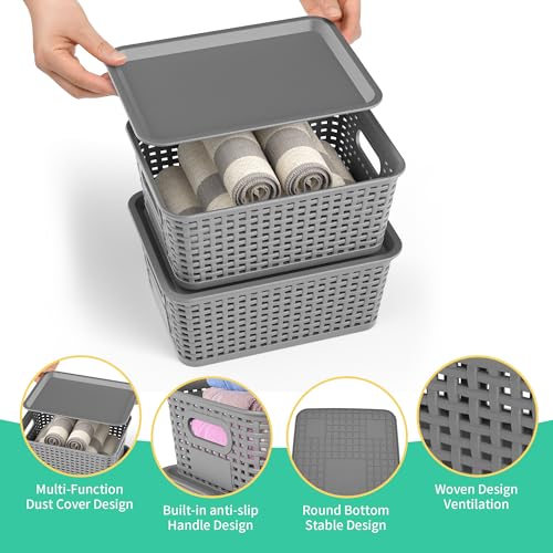 8 Pack Plastic Storage Baskets,Grey Stackable Bins with Lid - color: Grey
