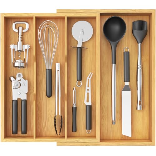 Lifewit Bamboo Utensil Organizer for Kitchen Drawer, Cooking Utensil Tray - color: Natural, size: 11.9~21.7'' W x 15.75'' D