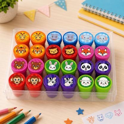 Cinrobiye 24 Pcs Animal Stampers for Kids, Pre-Inked Safari Zoo Party Favor Set, Animal Theme Birthday Party Supplies, Classroom Rewards, Goody Bags, Piñata Fillers - color: Animal Face