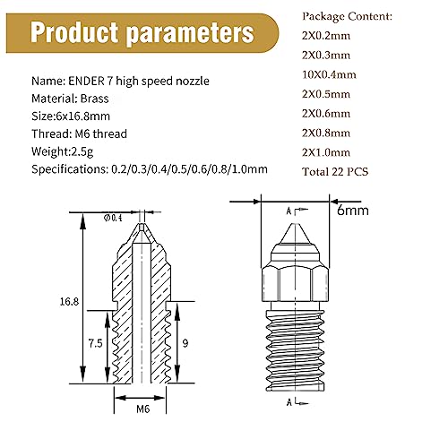 Creality 22PCS Ender 5 S1 Brass Nozzles Kit, 3D Printer 10PCS 0.4mm and 2PCS 0.2mm, 0.3mm, 0.5mm, 0.6mm, 0.8mm, 1.0mm Nozles Kit for Ender 3 V3 SE, Ender 5 S1, Ender 7, Spider 1.0 - style: Ender 3 V3 SE Brass Multi Size