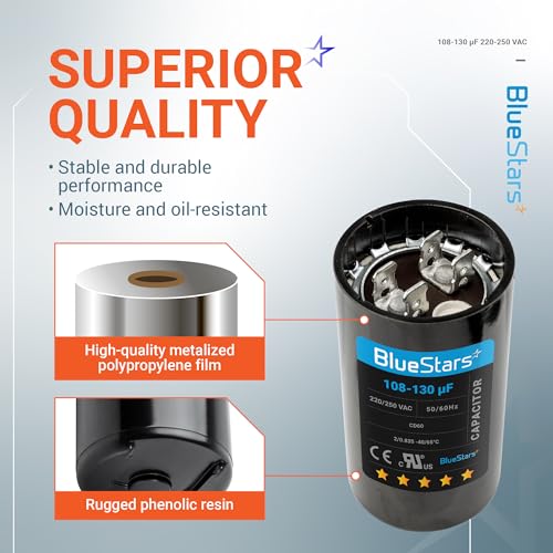 [2025 Upgraded] BlueStars 108-130 uF MFD 220-250 VAC Motor Start Capacitor - size: 108-130 MFD 220-250 VAC