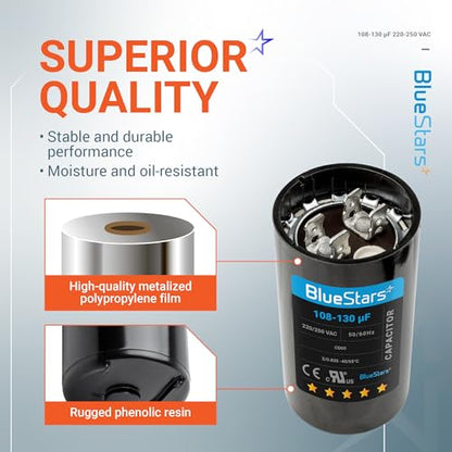[2025 Upgraded] BlueStars 108-130 uF MFD 220-250 VAC Motor Start Capacitor - size: 108-130 MFD 220-250 VAC