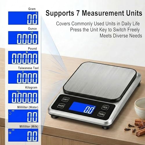 Kitchen Digital Scale, 0.1 g/0.001 oz High Precision Electronic Scale, Max 5 kg/11 lbs, Multiple Unit Conversion, Auto Power-Off/Tare/Counting Function, Stainless Steel Weighing Platform (Silver)