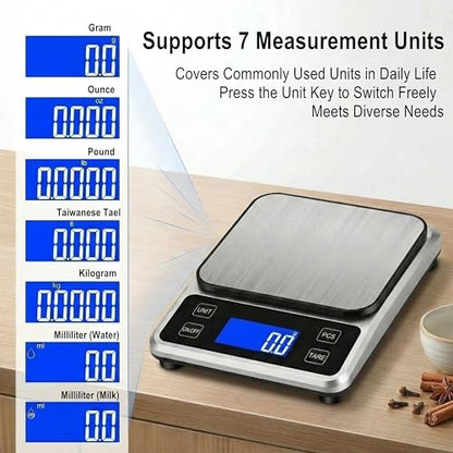 Kitchen Digital Scale, 0.1 g/0.001 oz High Precision Electronic Scale, Max 5 kg/11 lbs, Multiple Unit Conversion, Auto Power-Off/Tare/Counting Function, Stainless Steel Weighing Platform (Silver)