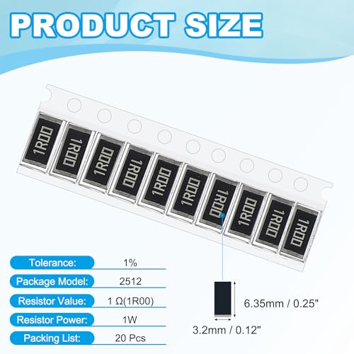 PATIKIL 2512 Surface Mount Device Chip Resistor Kit, 20Pcs 1 Ohm 1% Tolerance 1W DIY Resistor Ceramic Resistance Assortment Kits for Electronic Products - style: 1 Ohm