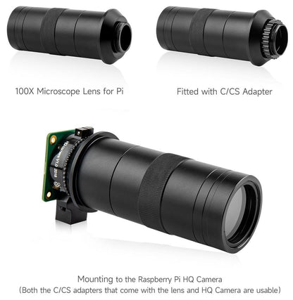 100X Microscope Lens for Raspberry Pi, C/CS-Mount, 0.12X ~ 1.8X Optical Magnification, Compatible with Raspberry Pi HQ Camera