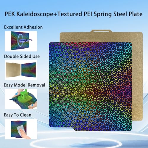 IdeaFormer Smooth Kaleidoscope PEK+Textured PEI Build Plate 257x257mm Flexible Spring Steel Sheet for Bambu Lab X2D/X1/X1C/X1E/P1P/P1S/P2S/A1,Excellent Adhesion,High Temp Resistance for Bambu Lab - color: PEK+DBS(Kaleidoscope+Textured PEI)