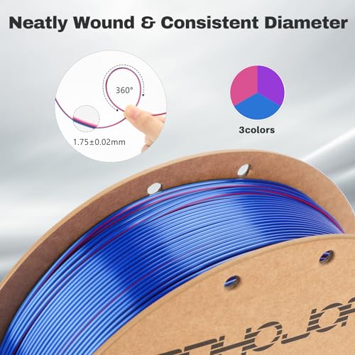3DHoJor Silk PLA Filament 1.75mm Blue Purple Red Triple Color PLA 3D Printer Filament 3 in 1 Coextrusion 1KG Spool(2.2lbs) 3D Printing Filament Dimensional Accuracy +/- 0.03mm - color: Blue Purple Red