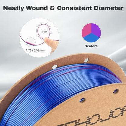 3DHoJor Silk PLA Filament 1.75mm Blue Purple Red Triple Color PLA 3D Printer Filament 3 in 1 Coextrusion 1KG Spool(2.2lbs) 3D Printing Filament Dimensional Accuracy +/- 0.03mm - color: Blue Purple Red