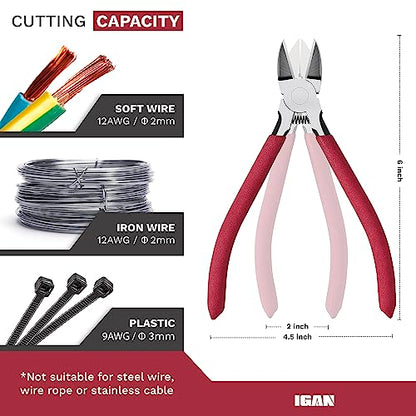 IGAN-P6 Wire Cutters (Pack of 2), 6-inch Ultra Sharp & Powerful Side-cutting Pliers with Longer Flush Cutting Edge, Ideal Wire Cutter for Crafts, Floral, Electrical & Any Clean Cut Needs - size: Pack 2