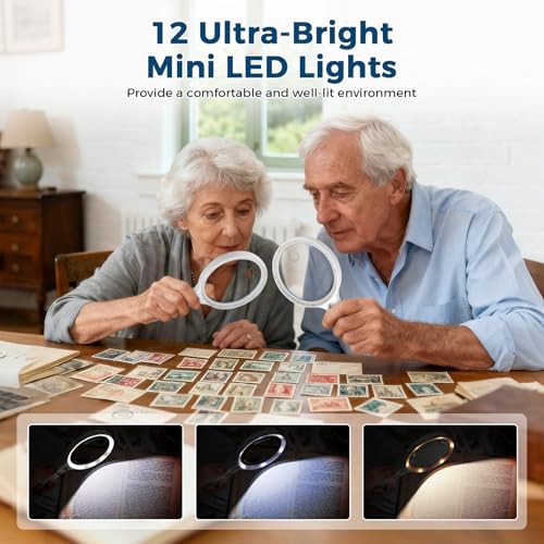 Large Magnifying Glass with Light,10X 25X 45X 60X Handheld Illuminated Lighted Magnifier, 5in Page Reading Magnifier with 12 LED Lights for Seniors Reading, Coins, Jewelry, Close Work - Blue - color: Blue