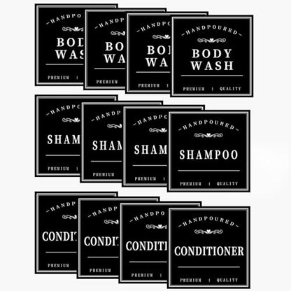 HVSWLY 12PCS Bathroom Labels for Soap Dispenser, Removable Bathroom Organization Labels, Waterproof Bottle Labels for Shampoo Conditioner Body Wash (Black) - size: 3"X3"