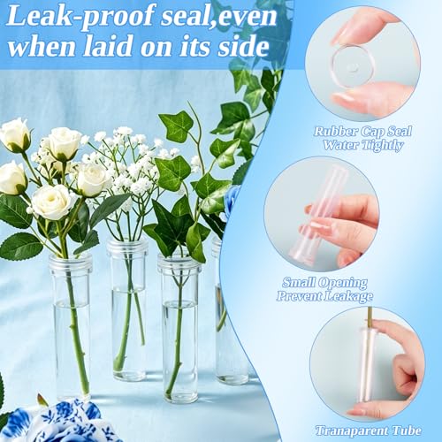 STEFORD 30 Pack Flower Water Tubes with Caps, 2.8 Inch Leak-Proof Plastic Clear Reusable Floral Water Tube for Fresh Flowers Single Stem Rose Arrangement Bouquet Accessories