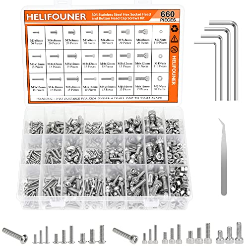 HELIFOUNER 660 Pieces M3 M4 M5 M6 Hex Socket Head Screws and Button Head Socket Cap Screws Nuts Assortment Kit, 304 Stainless Steel - size: M3 M4 M5 M6