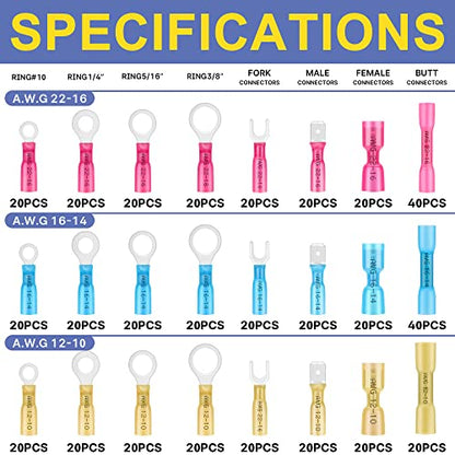 haisstronica 520PCS Heat Shrink Wire Connectors, 22-10 AWG, 3Colors/24Sizes