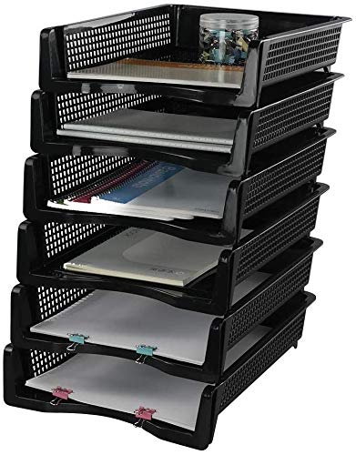 Stackable Paper Tray Set of 6, Black Plastic Letter Tray Basket