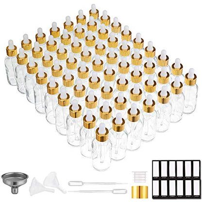 PrettyCare Glass Eye Dropper Bottles 2oz (60ml), 63 Pack Clear Empty Thick Bottles Bulk with Leakproof Golden Caps - With Labels & Funnels for for Storage, Travel,Essential Oils, DIY Serums, Tincture - color: 2oz Clear, style: 63 Pack
