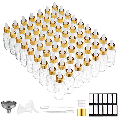 PrettyCare Glass Eye Dropper Bottles 2oz (60ml), 63 Pack Clear Empty Thick Bottles Bulk with Leakproof Golden Caps - With Labels & Funnels for for Storage, Travel,Essential Oils, DIY Serums, Tincture - color: 2oz Clear, style: 63 Pack