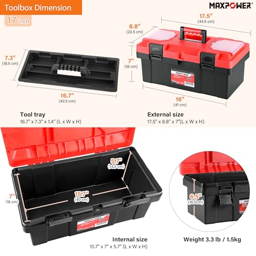 MAXPOWER 2-Pc Plastic Tool Box, 12" Small & 17" Portable Toolbox, Lockable - color: Red, size: 12" 17"