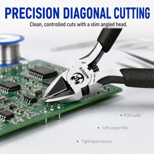 5-Inch Diagonal Cutters, CR-V Precision Wire Cutters with Spring-Loaded Slim Angled Head, Mini Side Cutting Pliers for Electronics, PCB Leads, Zip Ties, Plastic Sprues and 3D-Printed Parts