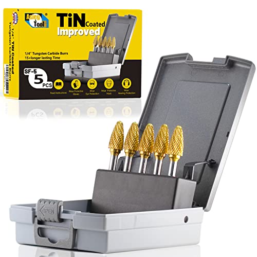 SF-5 5pcs Tungsten Carbide Burr TiN Rotary File Tree Shape Radius End Shape Double Cut for Die Grinder Drill Bits 1/4'' Inch Diameter of Shank and 1/2'' Diameter of Cutter 1'' Inch Cutter Length - style: 5pcs SF-5 TIN