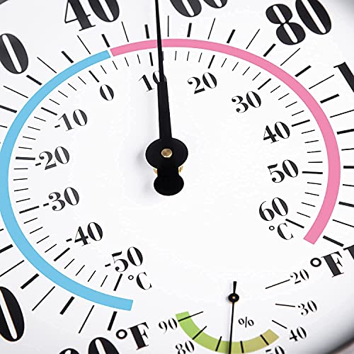 12" Outdoor Thermometer Large Numbers - Decorative Outdoor Thermometers for Patio, Wall Thermometer Hygrometer with Stainless Steel Enclosure, Battery Free Indoor Outdoor Thermometer Hanging