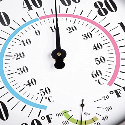 12" Outdoor Thermometer Large Numbers - Decorative Outdoor Thermometers for Patio, Wall Thermometer Hygrometer with Stainless Steel Enclosure, Battery Free Indoor Outdoor Thermometer Hanging