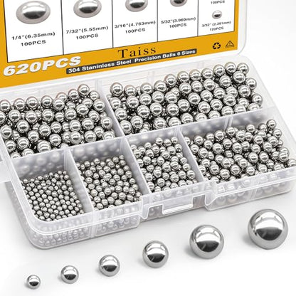 Taiss 620PCS 304 Stainless Steel Precision Balls,Bicycle Bearing Balls Assortment Kit,6 Sizes Steel Balls 1/4" 7/32" 3/16" 5/32" 1/8" 3/32",Precision Steel Ball F-086-620PCS - size: 620PCS