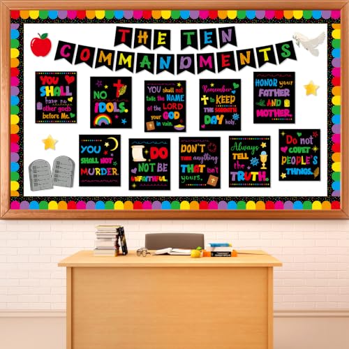 Ten Commandments Bulletin Board Set Christian Bible Verse Classroom Decor Black Base Inspirational Religious Scripture Cutouts for Back to School Party Classroom Home Chalkboard Wall Door Decor - style: Black Base Ten Commandments