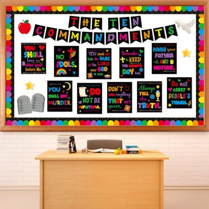 Ten Commandments Bulletin Board Set Christian Bible Verse Classroom Decor Black Base Inspirational Religious Scripture Cutouts for Back to School Party Classroom Home Chalkboard Wall Door Decor - style: Black Base Ten Commandments
