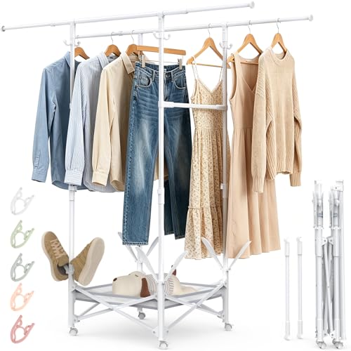 Portable Foldable Clothes Drying Rack - Adjustable Double Extendable Rods (33.1” to 56.7”) -Portable Coat Rack for Travel, Camping, Drying, RV, Indoor, Outdoor, Easy Assemble（White - color: White