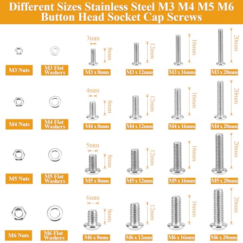 815 Pieces M3 M4 M5 M6 Button Head Socket Cap Screws Nuts Washers Assortment Kit, Metric Screw Assortment with Hex Wrenches, 304 Stainless Steel, Fully Threaded - size: M3M4M5M6 (815 Pieces), style: Button Head