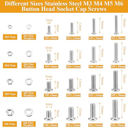 815 Pieces M3 M4 M5 M6 Button Head Socket Cap Screws Nuts Washers Assortment Kit, Metric Screw Assortment with Hex Wrenches, 304 Stainless Steel, Fully Threaded - size: M3M4M5M6 (815 Pieces), style: Button Head