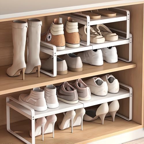 2-Pack Expandable Shoe Rack, Closet Organizer, 10" High, 15"-24" - color: White 2-pack, size: H: 10"