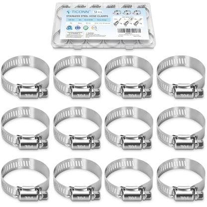 TICONN 12PCS Hose Clamps Set 304 Stainless Steel, 13/16"-1-3/4" Worm Gear - size: SAE #16 12PCS 13/16''~1-3/4"