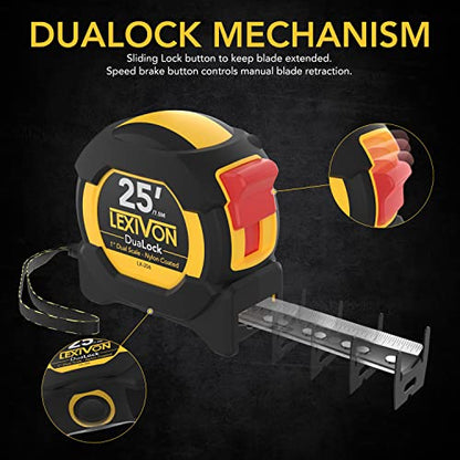 LEXIVON [2-Pack] 25Ft/7.5m DuaLock Tape Measure | 1-Inch Wide Blade with Nylon Coating, Matt Finish White & Yellow Dual Sided Rule Print | Ft/Inch/Fractions/Metric (LX-202) - size: 25 ft 2-Pack