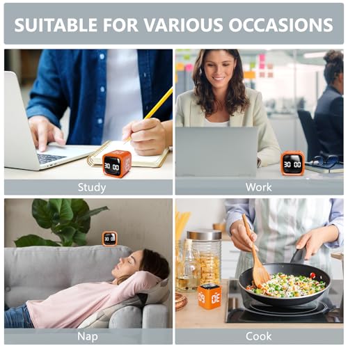 GuDoQi Multi-Function Cube Timer, 5/10/30/60 Min & Custom Count Down, Included Pause & Resume Feature, Silent, Vibrate & Adjustable Sound Alarm for Productivity in Tasks, Study & Kitchen, Orange - color: Orange