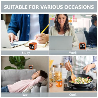 GuDoQi Multi-Function Cube Timer, 5/10/30/60 Min & Custom Count Down, Included Pause & Resume Feature, Silent, Vibrate & Adjustable Sound Alarm for Productivity in Tasks, Study & Kitchen, Orange - color: Orange