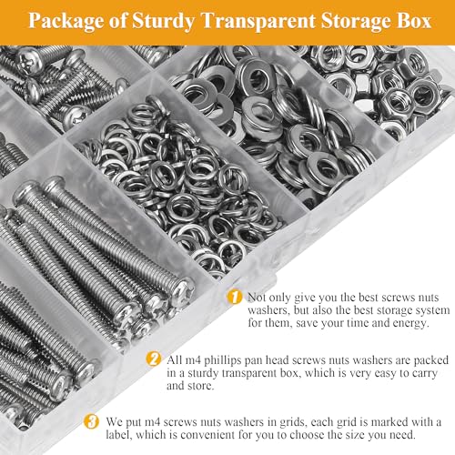 376 Pieces M4 Machine Screws Nuts Washers Set, Sutemribor M4 x 6/8/12/16/20/25/30mm Phillips Pan Head Machine Screws Nuts Washers Assortment Kit, 304 Stainless Steel, Fully Threaded - size: M4, style: Phillips Pan Head