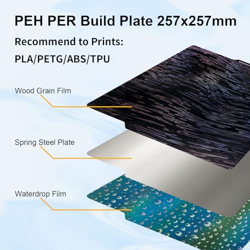 IdeaFormer Double Sided Smooth Waterdrop PEH + Wood Grain PER Build Plate for Bambu Lab X2D/A1/X1C/X1/X1E/P1P/P1S/P2S, 257x257mm, Spring Steel Plate, Flexible Removable Platform for Bambu 3D Printer - color: PEH+PER(Waterdrop+Wood Grain)