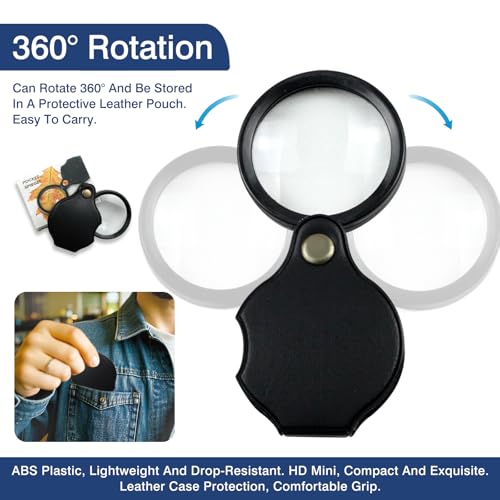 3PCS Ultra Clear Mini 10X Pocket Magnifiers for Seniors, Foldable Magnifying Glass with Protective Cover for Reading, Repairs