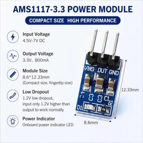 10PCS AMS1117-3.3 Voltage Regulator Module, DC 4.75V-12V to 3.3V 800mA Step Down Linear Power Supply Board 3 Pins, LDO Regulator Compatible with Arduino STM32 ESP32 Projects