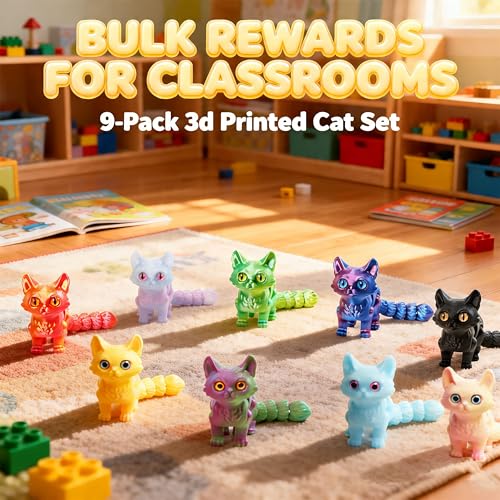 9 Pcs 3D Printed Cat Collection with Moving Joints, 3D Printed Kitty Figurines Bulk, Kawaii Cat Miniature Desk Toys, Small Animal Toys for Easter Egg Fillers, Flexible Fidget Toys for Kids - color: 9pcs Cat