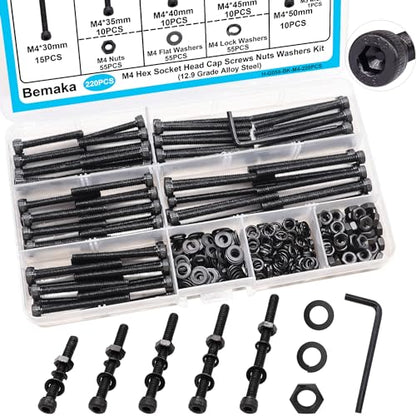 220PCS Black M4 Hex Socket Head Cap Screws, M4 x 30/35/40/45/50mm Metric Screws Bolts Nuts Washers Assortment Kit, 12.9 Grade Alloy Steel - color: BK-M4 x 30-50mm/