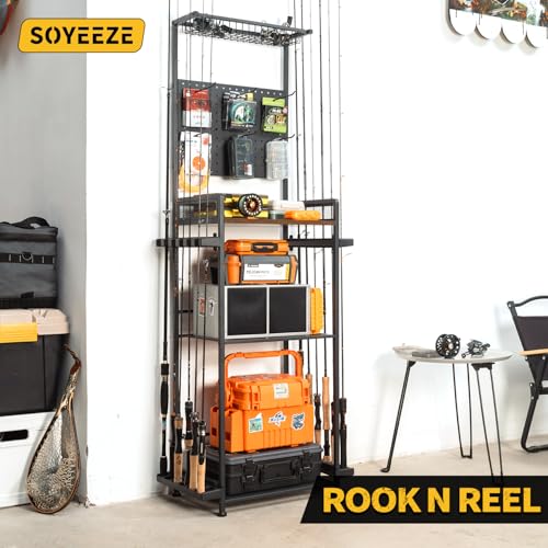 SOYEEZE Fishing Rod Holders for Garage,Fishing Gear Holder for Fishing Rod Tackle Box Storage，Fishing Pole Holders for 12 Rods with Hooks and Pegboard,Fishing Stand with Reel Rack, Standard Size - size: Standard
