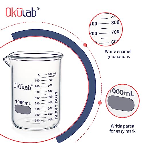 Heavy Duty Glass Beaker Set, Thick-Walled 3.3 Borosilicate Glass Beakers, with Double Scale Printed Graduation, 2pcs of Vol.1000ml, HBKG1000B2 - style: 2pcs of 1000ml