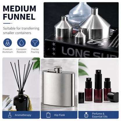 Small Metal Funnels Mini Funnel Tiny Bottle Funnel, Miniature Atomizers, Flask, Perfume, Essential Oil, Powder, Pet Capsule,Various Sizes（4 Aluminum 4 Plastic）